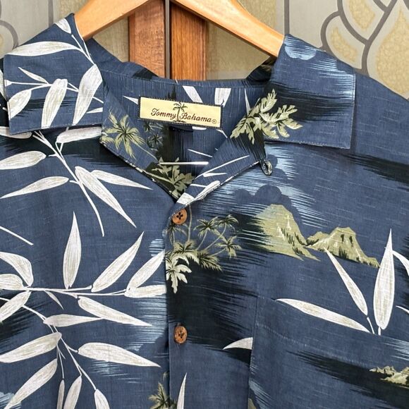 Tommy Bahama Shirt Blue Island Palm Wood Button Up Silk Short Sleeve Size L - Picture 5 of 10